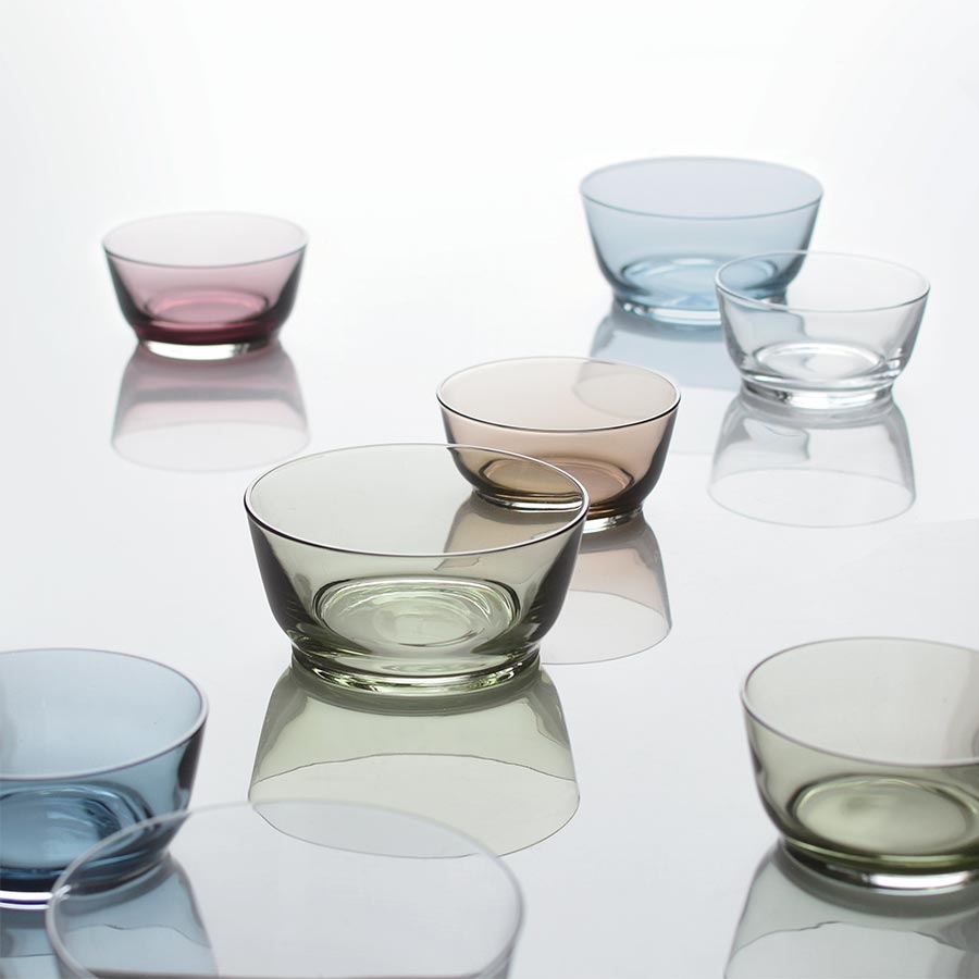  HIBI bowls in green, blue, clear, brown, and purple  