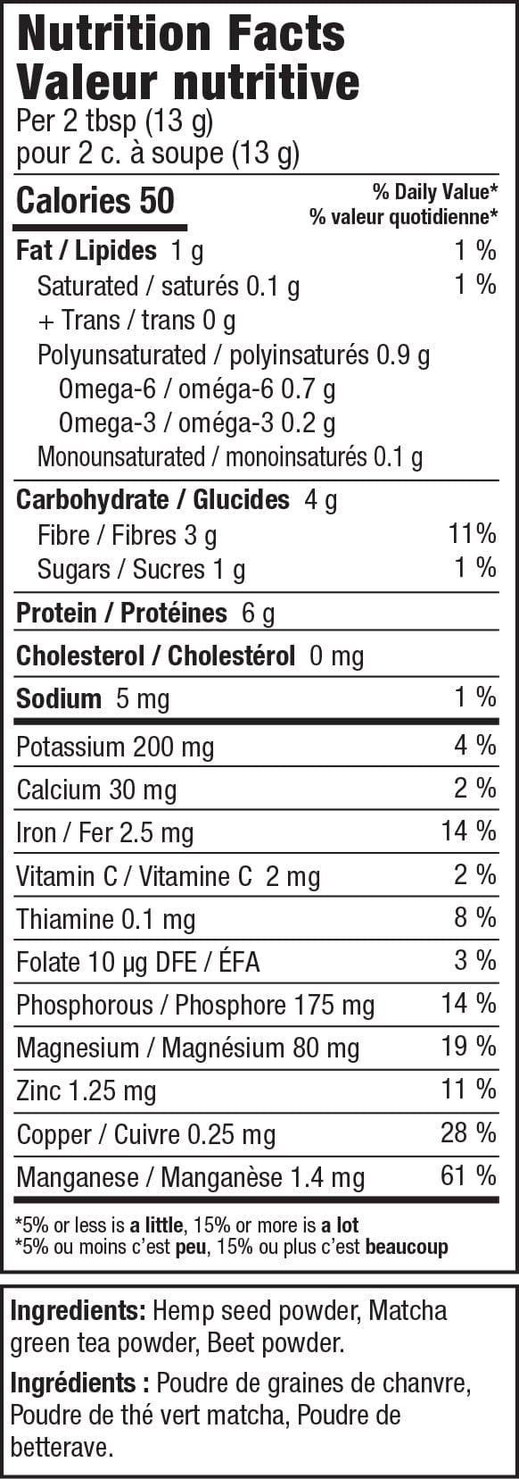 Hemp+ Chia and Flax Nutrition label