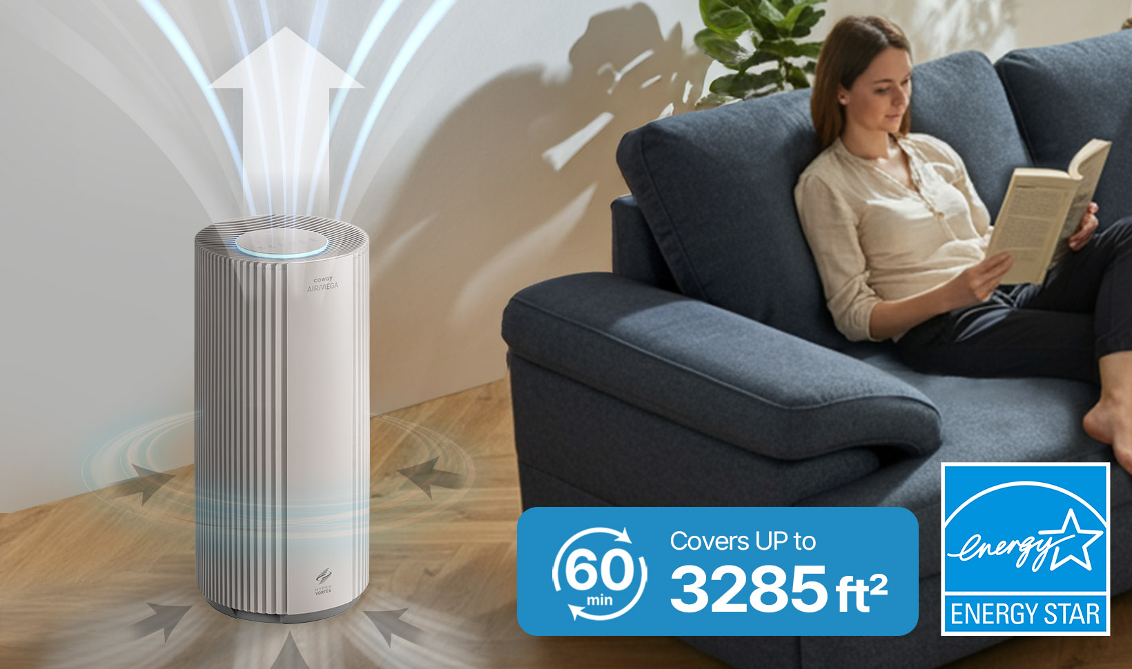 The Airmega 450 air purifier effectively filters the air in rooms up to 3,285 square feet. Le purificateur d'air Airmega 450 filtre efficacement l'air dans des pièces allant jusqu'à 305 mètres carrés.