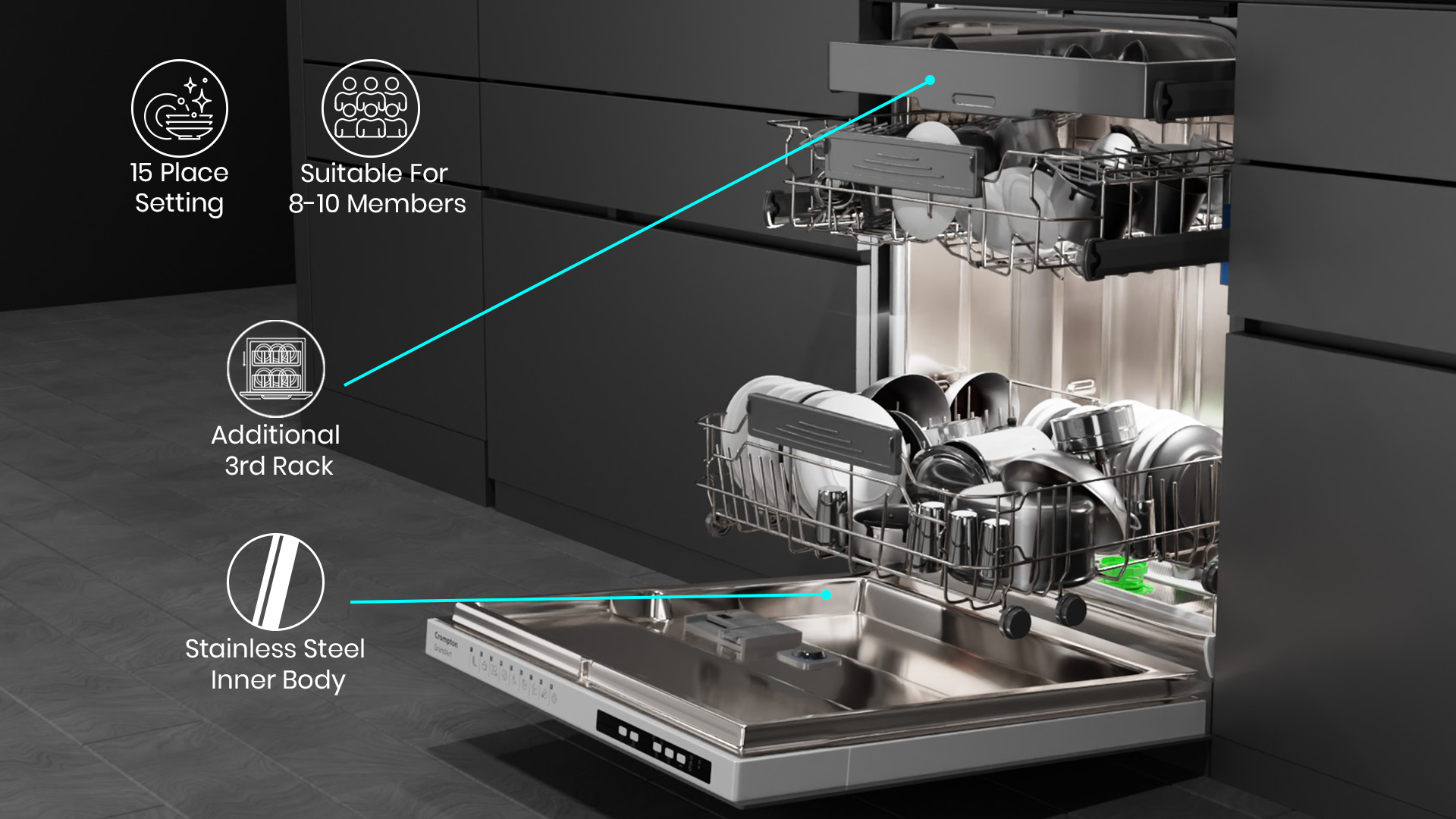 15 Place Setting, Suitable For 8-10 Members, Additional 3rd Rack, Stainless Steel Inner Body