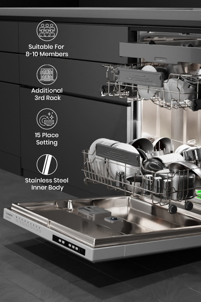 15 Place Setting, Suitable For 8-10 Members, Additional 3rd Rack, Stainless Steel Inner Body