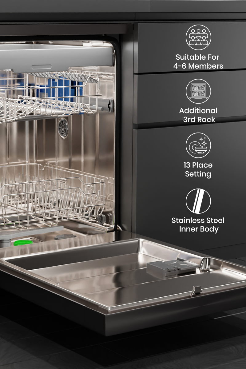 Suitable For 8 Members, Additional 3rd Rack, 13 Place Setting, Stainless Steel Inner Body