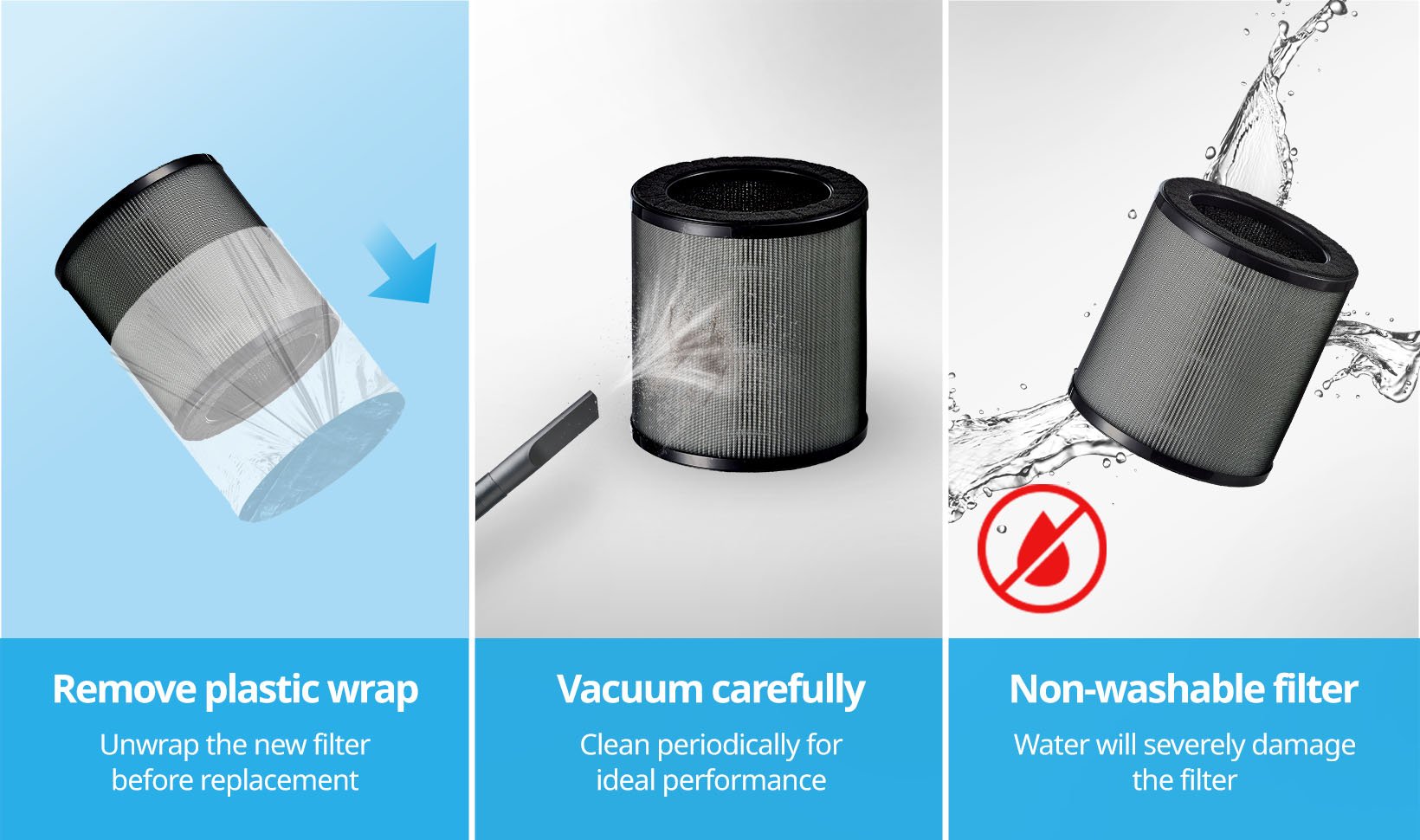Remove plastic before using. Vacuum filter to clean. Do not wash with water.