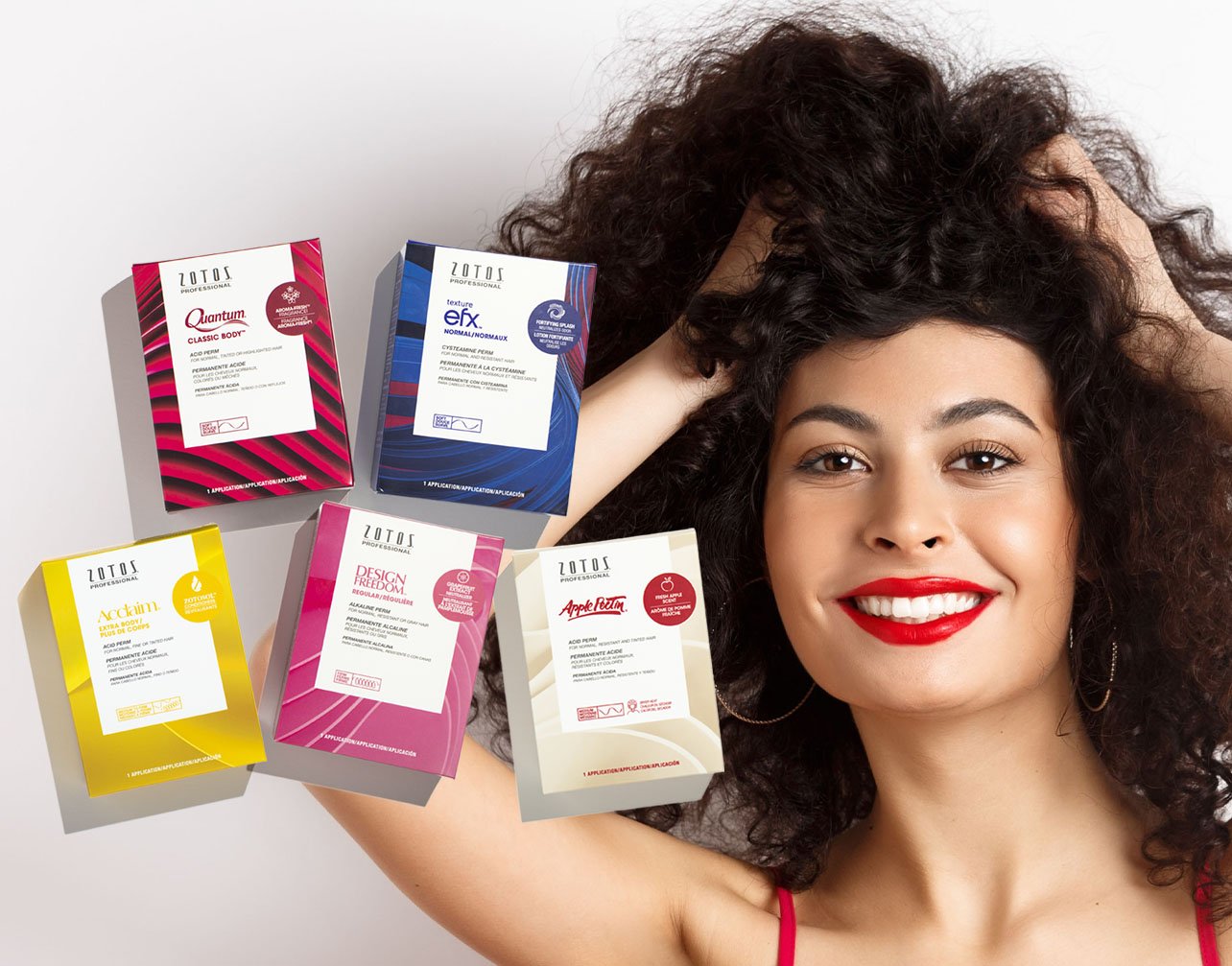 model with big, curly hair and hair products