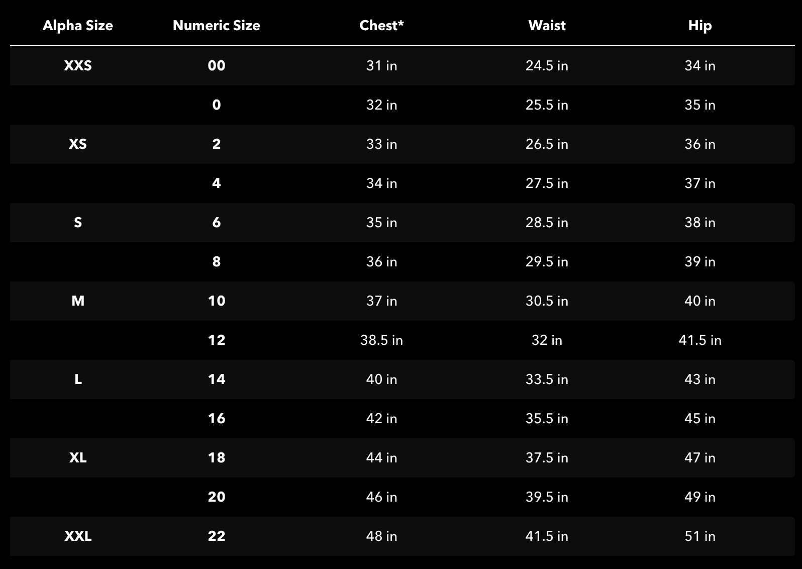 Size chart