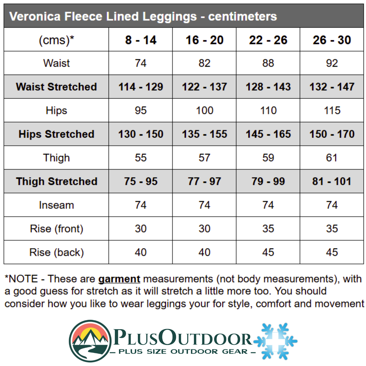 Veronica plus size leggings size chart and measurements - Plus Outdoor