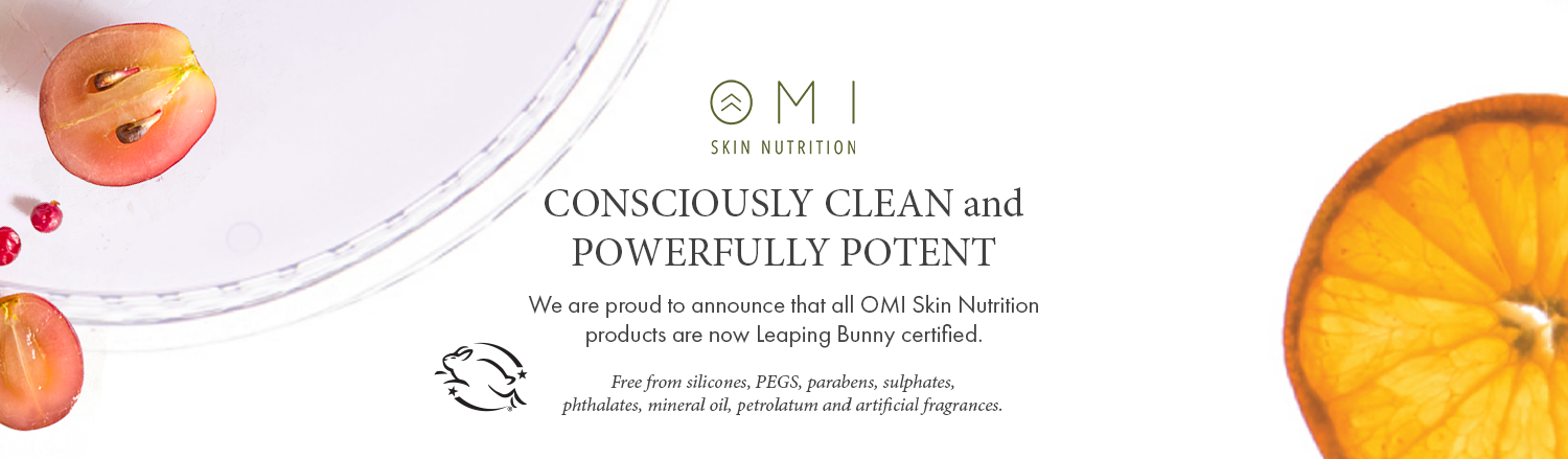 CONSCIOUSLY Clean Beauty From Within
supercharge your skin with clinically tested superfoods that ease skin stressors and sensitivities. 

We are proud to announce that all OMI Skin Nutrition products are now Leaping Bunny certified. Free from silicones, PEGS, parabens, sulphates, phthalates, mineral oil, petrolatum and artificial fragrances.