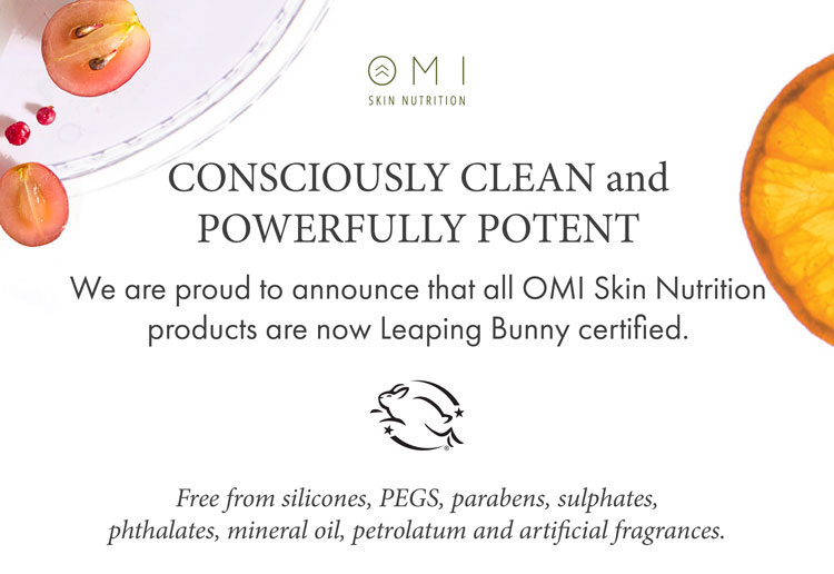 CONSCIOUSLY Clean Beauty From Within
supercharge your skin with clinically tested superfoods that ease skin stressors and sensitivities. 

We are proud to announce that all OMI Skin Nutrition products are now Leaping Bunny certified. Free from silicones, PEGS, parabens, sulphates, phthalates, mineral oil, petrolatum and artificial fragrances.