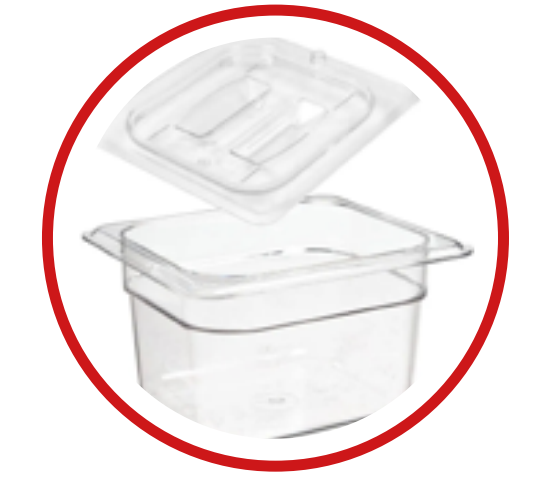 Units come standard  with clear polycarbonate  1/6 size pans with lids.