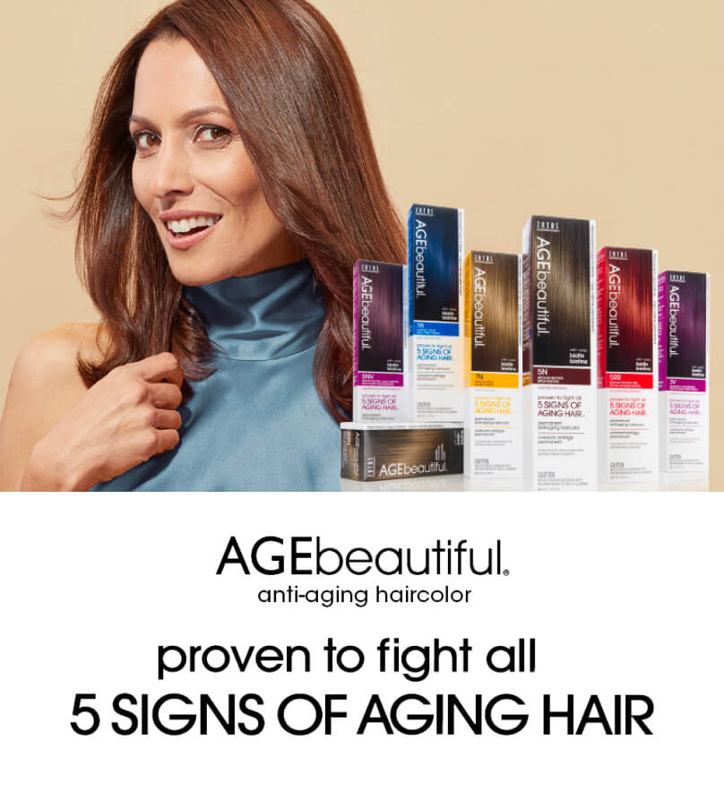 Brunette model next to boxes of AgeBeautiful Hair Color