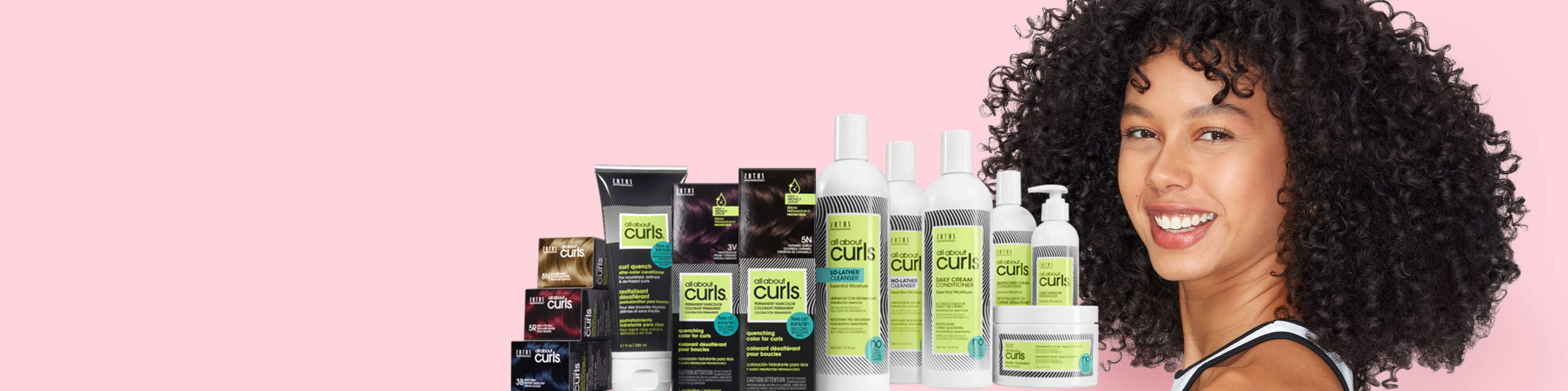 Curly hair model with products on pink background