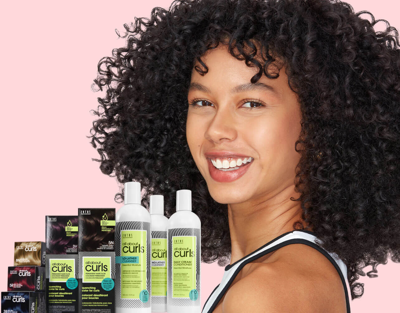 Curly hair model with products on pink background