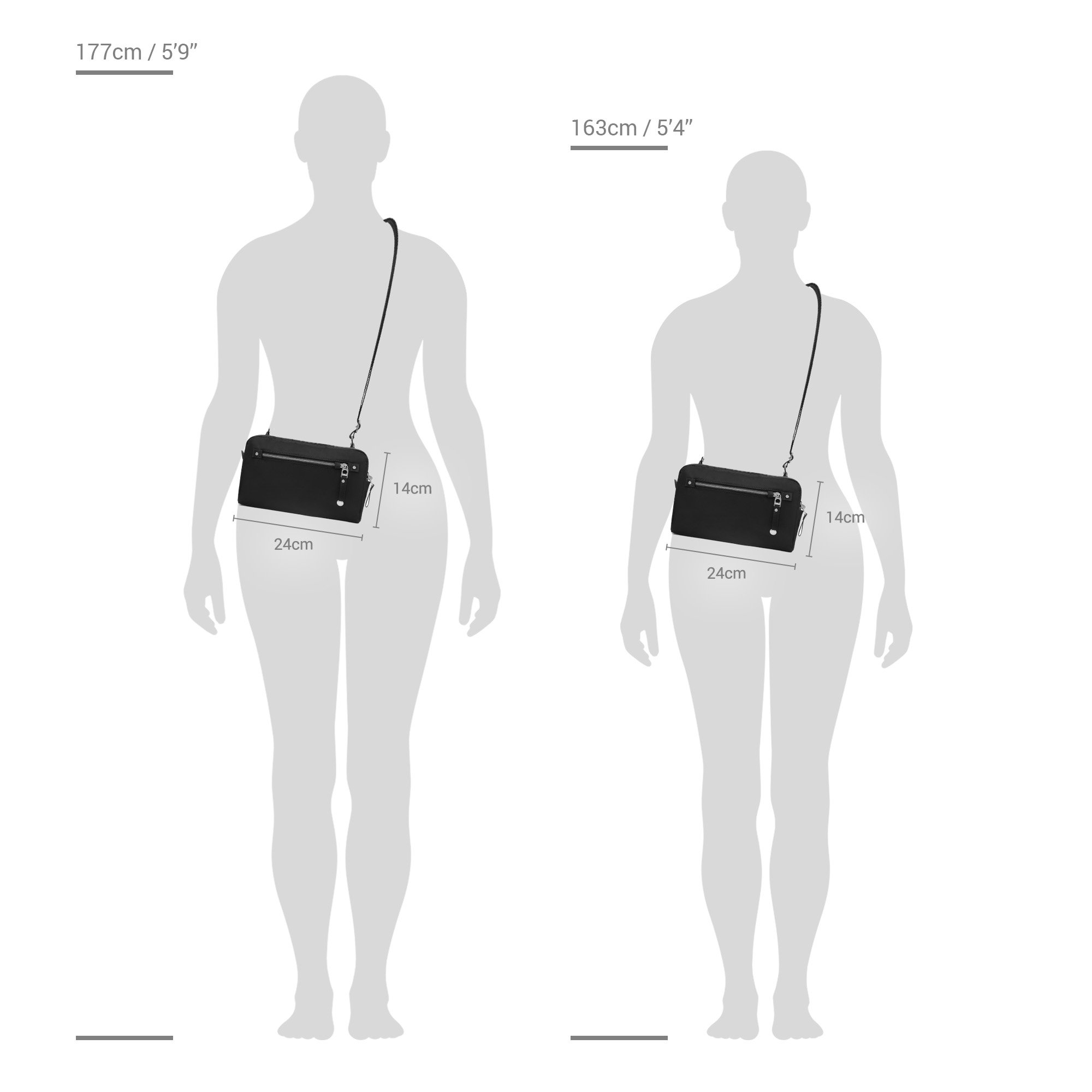 Size chart for Pacsafe® W anti-theft 3-in-1 sling