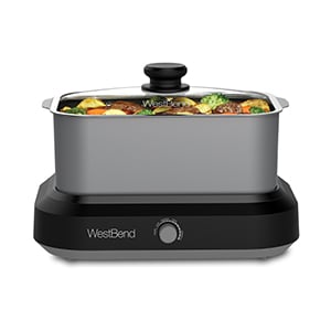 Adjustable temperature control and large cooking vessel make it easy to slow cook almost any size meal.