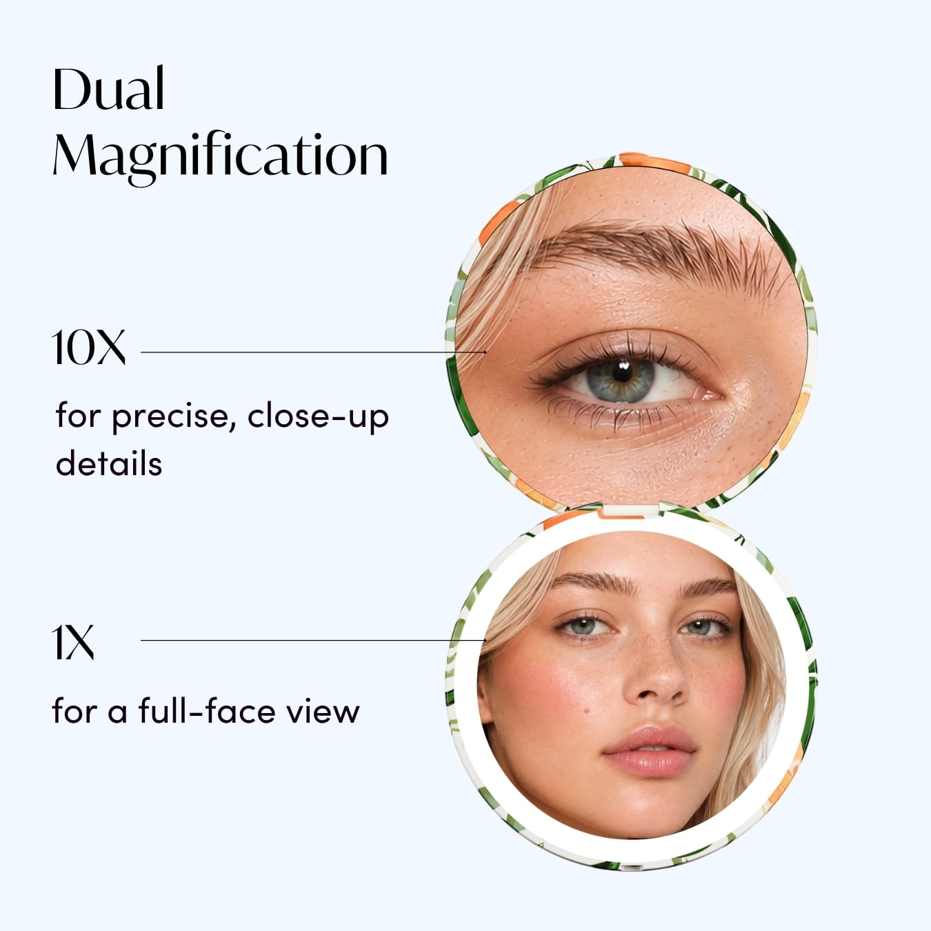 Woman looking in Italian Citrus Mini Taylor with 10x and 1x Magnifcation