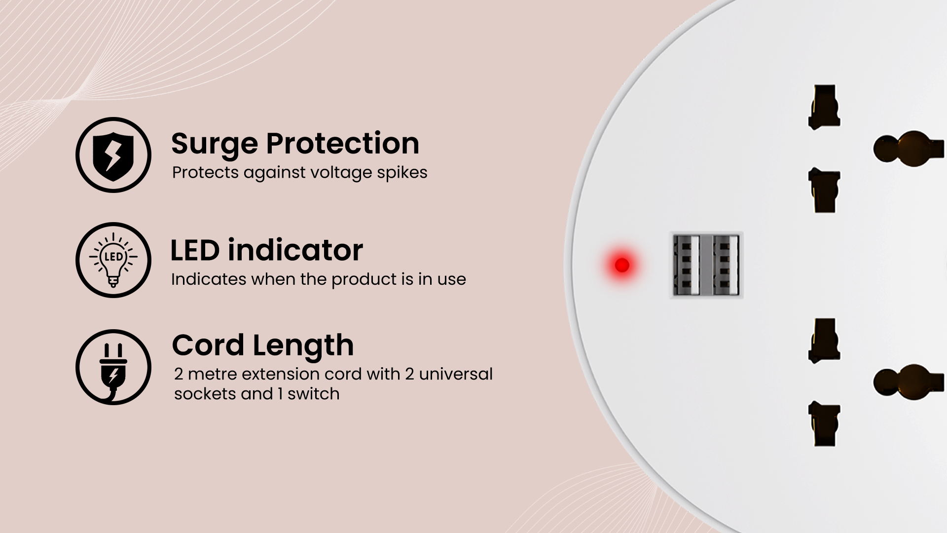 Surge Protection, LED Indicator, Cord Length