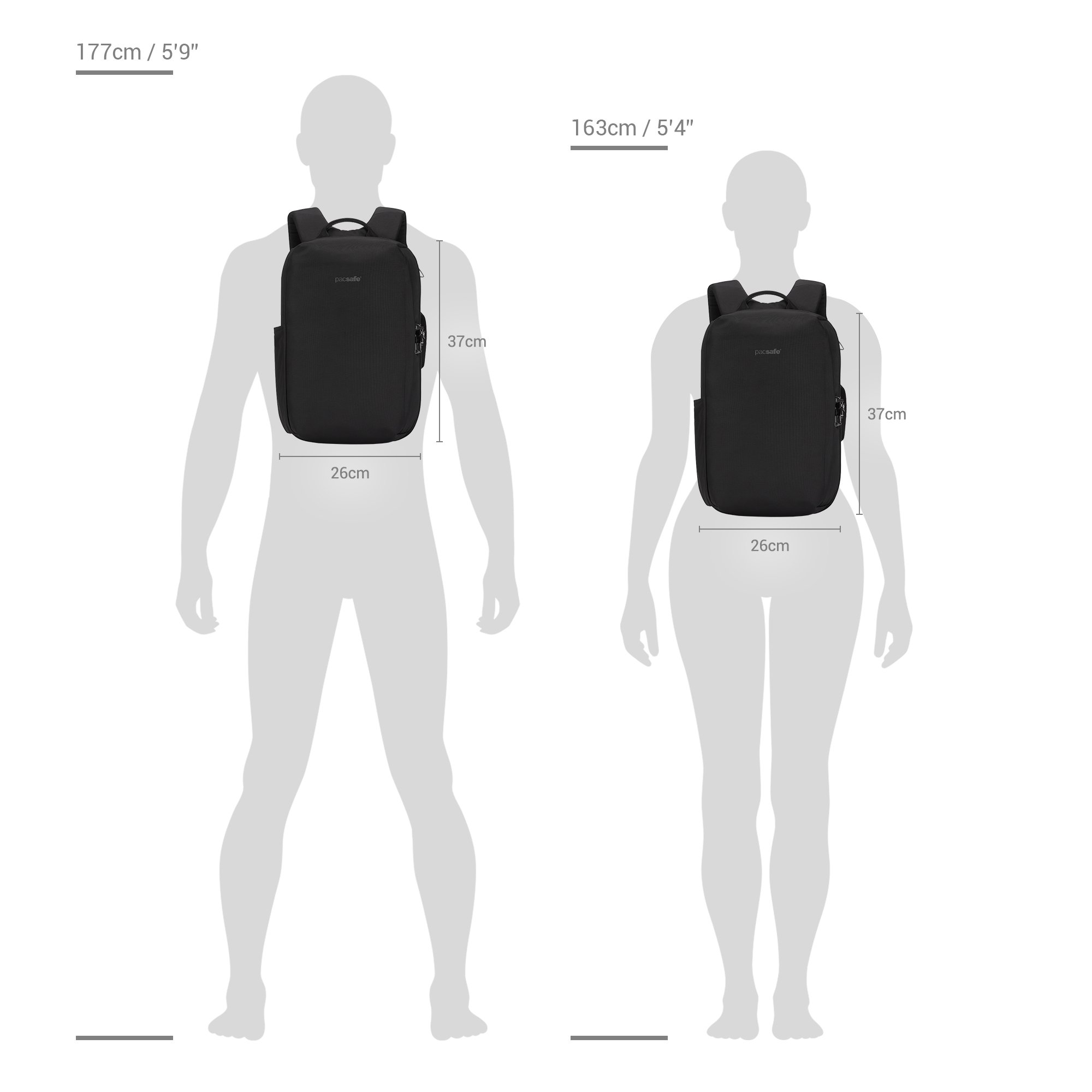 Size chart for Pacsafe® V anti-theft commuter backpack (Fits 13