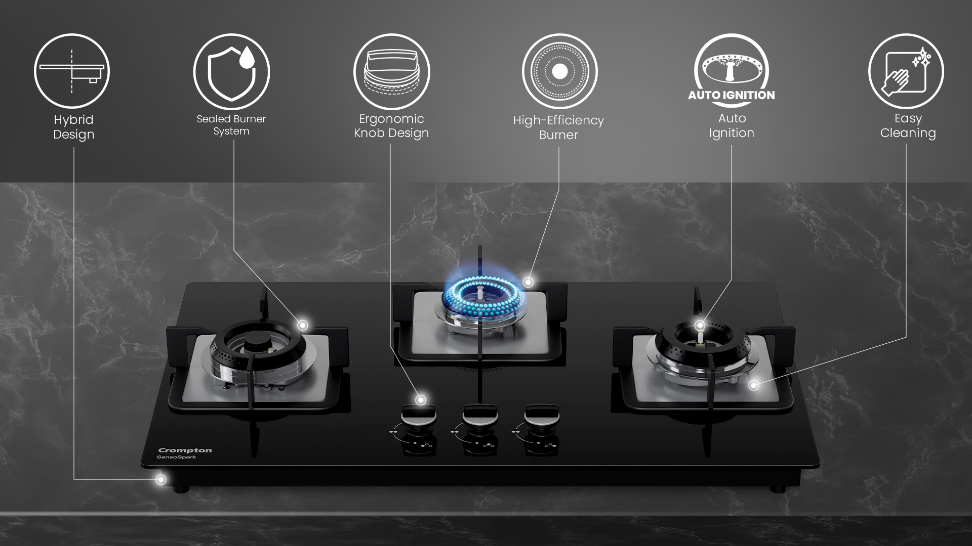 Hybrid Design, Sealed Burner System, Ergonomic Knob Design, High Efficiency Burner, Auto Ignition, Easy Cleaning