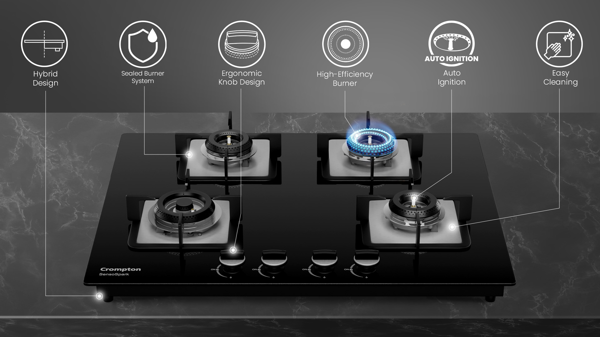 Hybrid Design, Sealed Burner System, Ergonomic Knob Design, High Efficiency Burner, Auto Ignition, Easy Cleaning