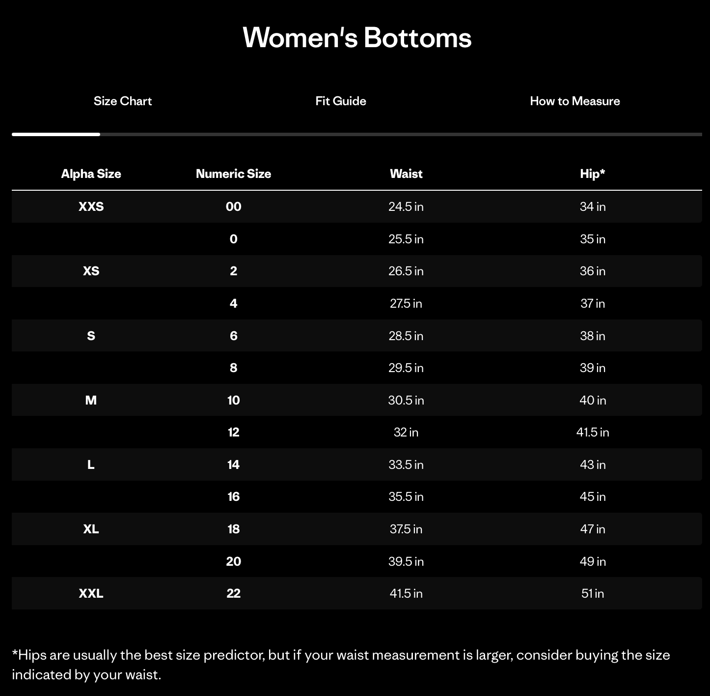 Size chart