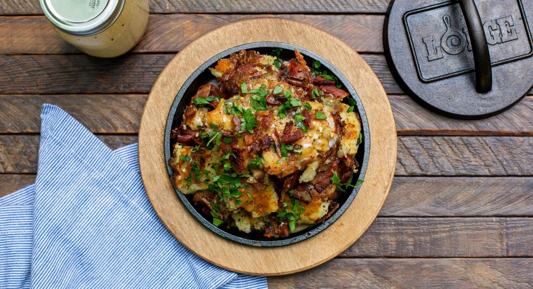 Grilled Smashed Potatoes with Warm Bacon Vinaigrette
