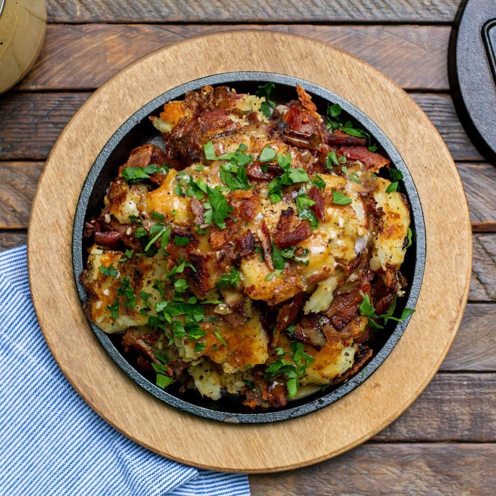 Grilled Smashed Potatoes with Warm Bacon Vinaigrette
