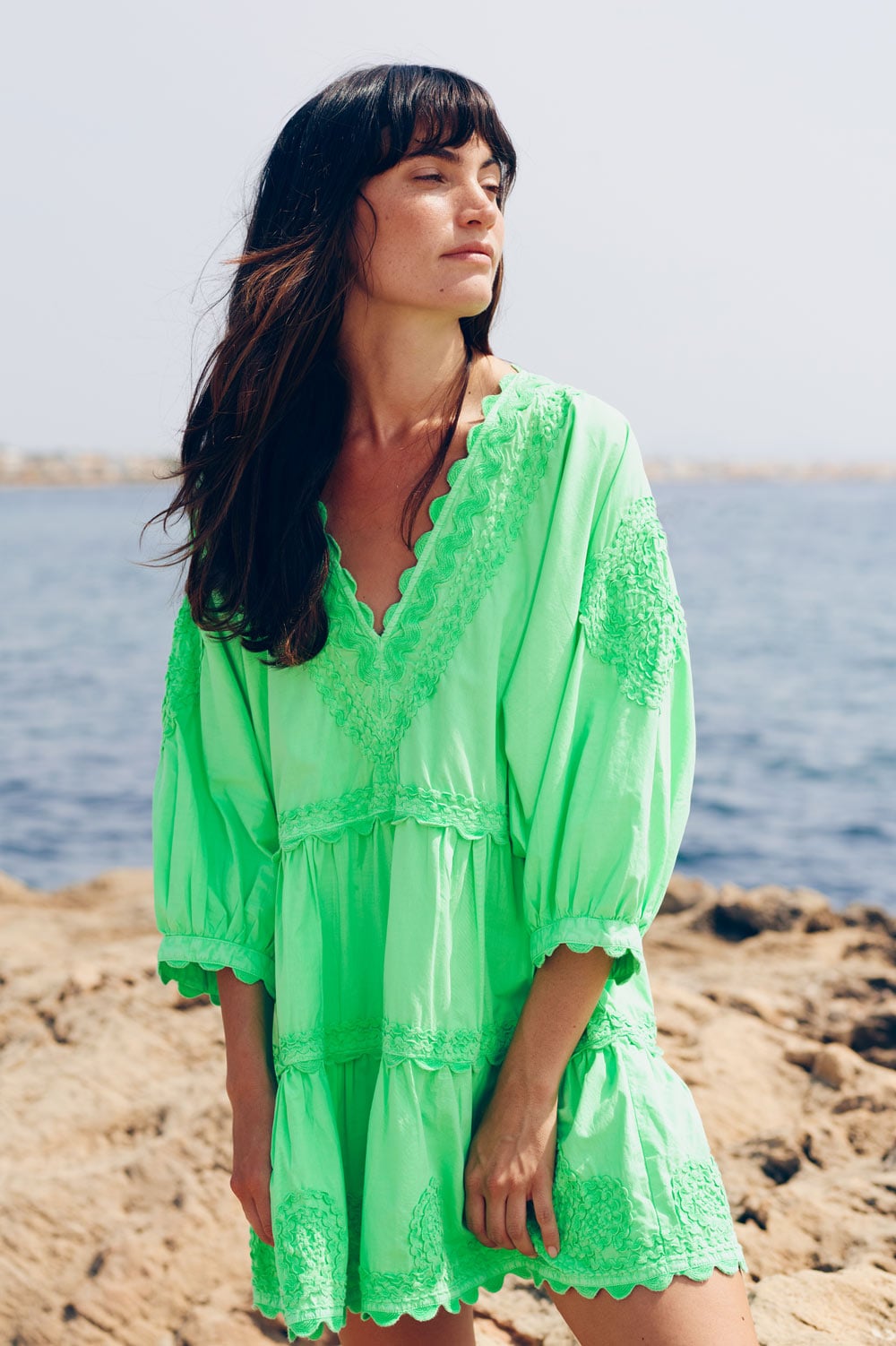 juliet dunn green dress Poplin V-Neck Loose Maxi Dress with Ric-Rac