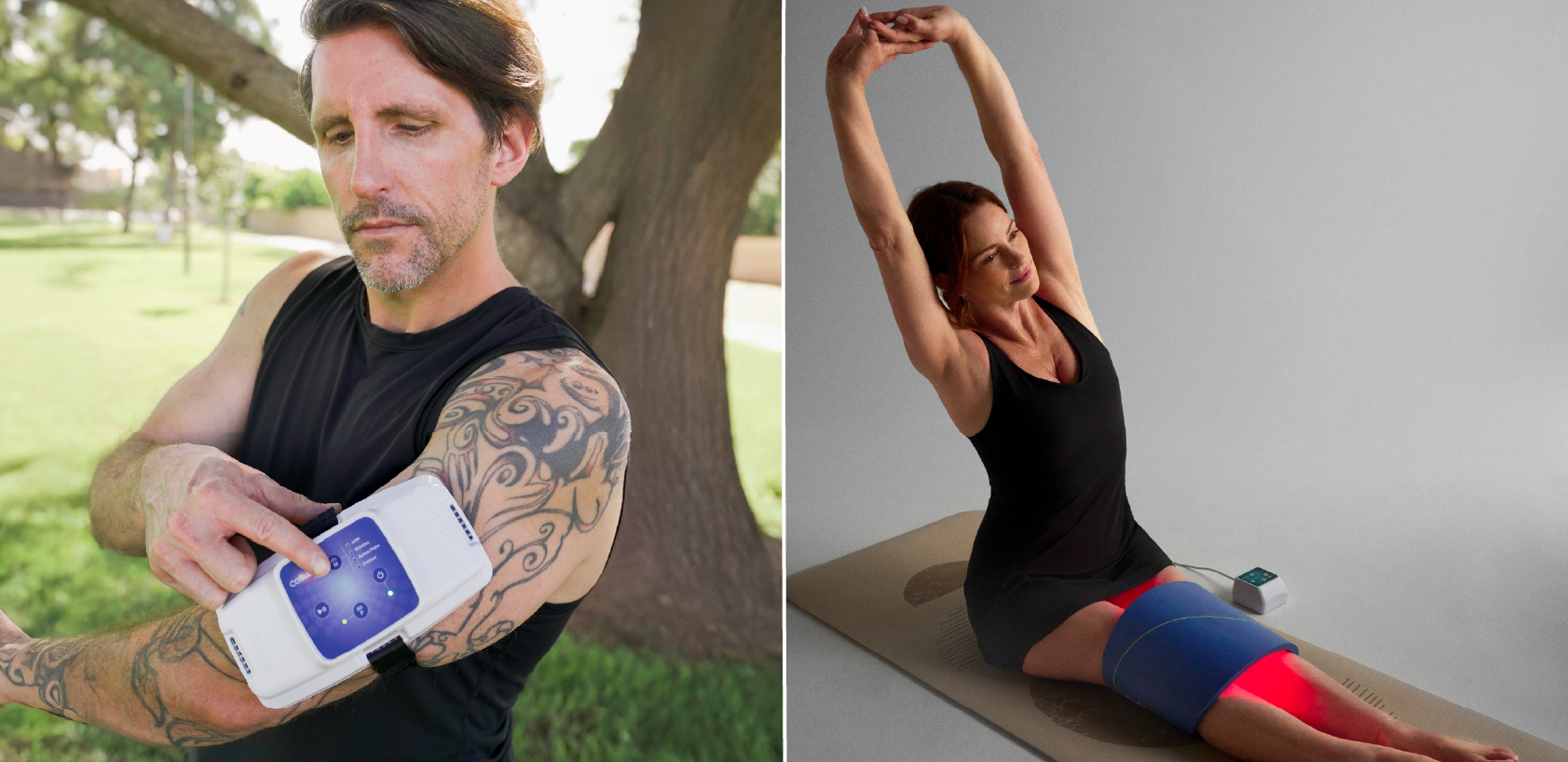 Two side-by-side photos showing a man using the Celluma POD on their bicep in an outdoor setting and a second photo showing a woman using a large Celluma red light therapy panel on her thighs.