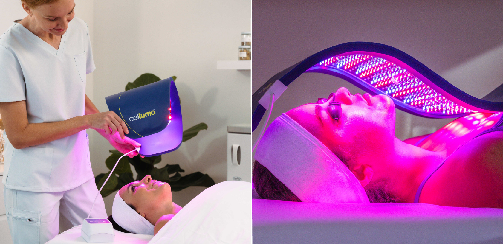 Two side by side photos showing a person in a clinical setting receiving LED light therapy treatment from a large Celluma panel, such as the Celluma PRO.  The second image shows a woman receiving an LED light therapy treatment on her face from a large panel like the Celluma PRO or PRO PLUS.