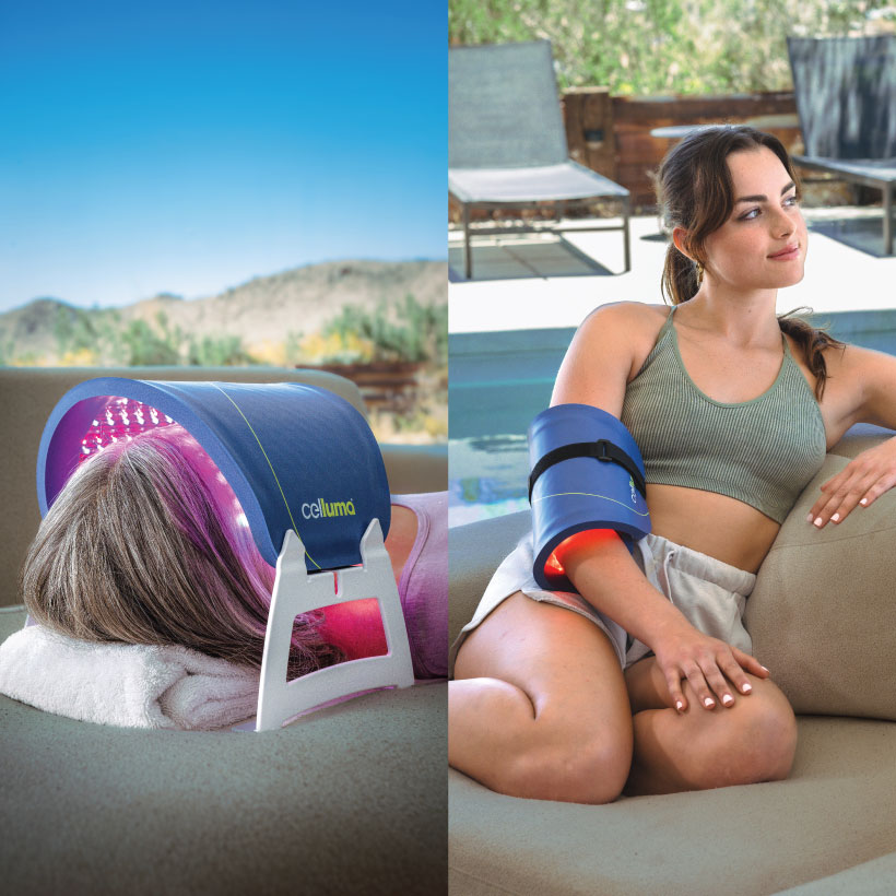 Side by side images of a woman using a Celluma LED light therapy panel on her face next to an image of a woman using a Celluma red light therapy panel on her arm