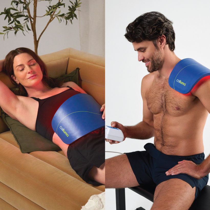Woman using Celluma Contour for belly fat and man using Celluma LED red light therapy on shoulder.