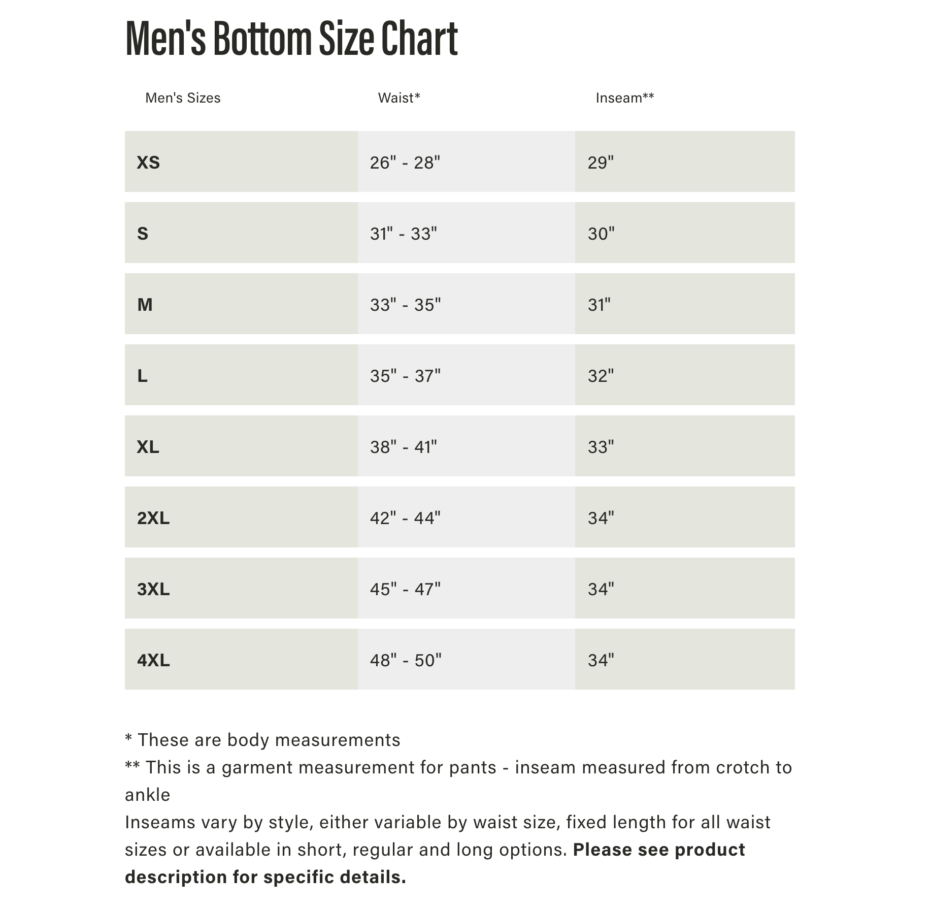 Size chart