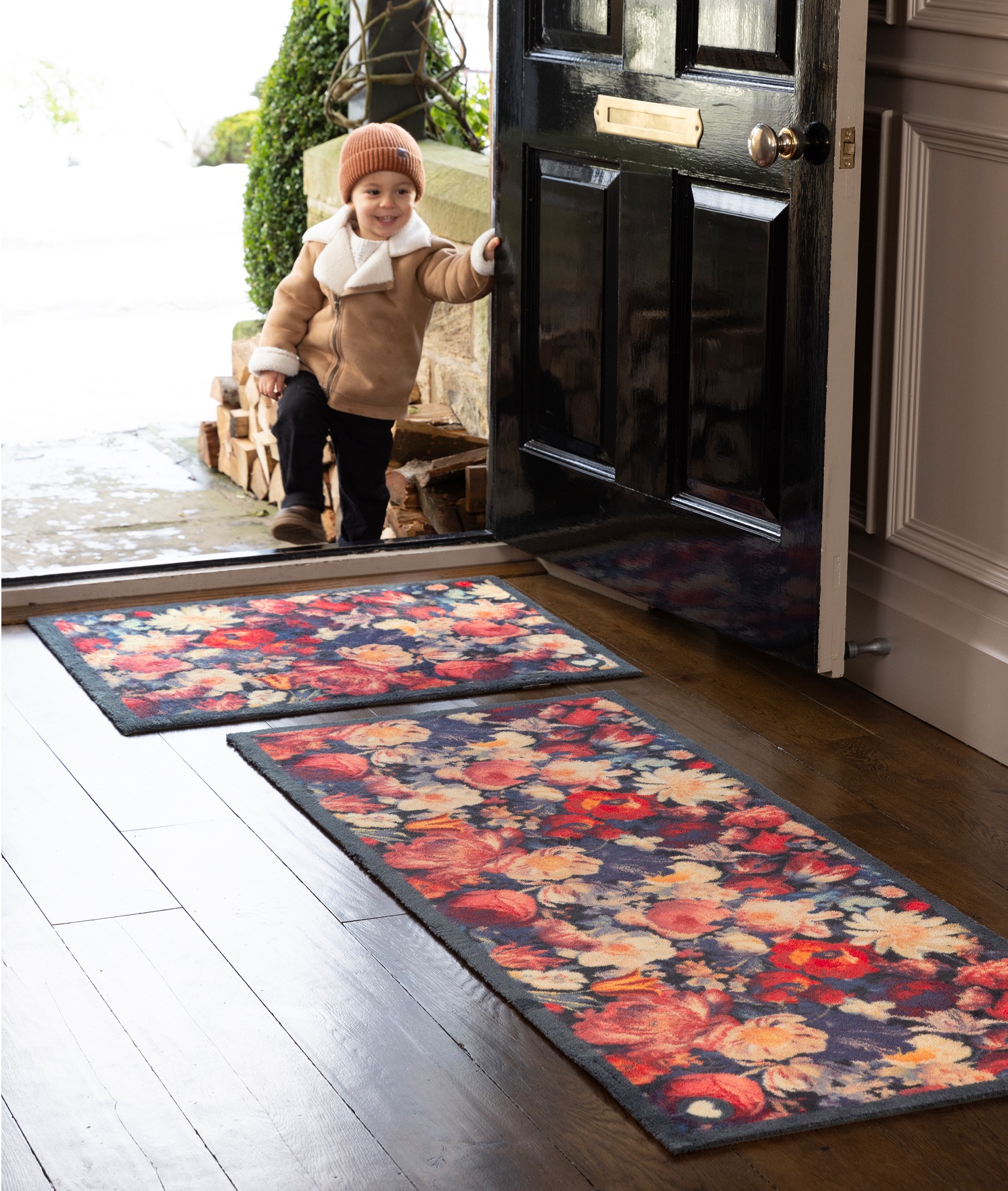 Dark Florals Eco-Washable Doormat and Runner, styled in a entryway.