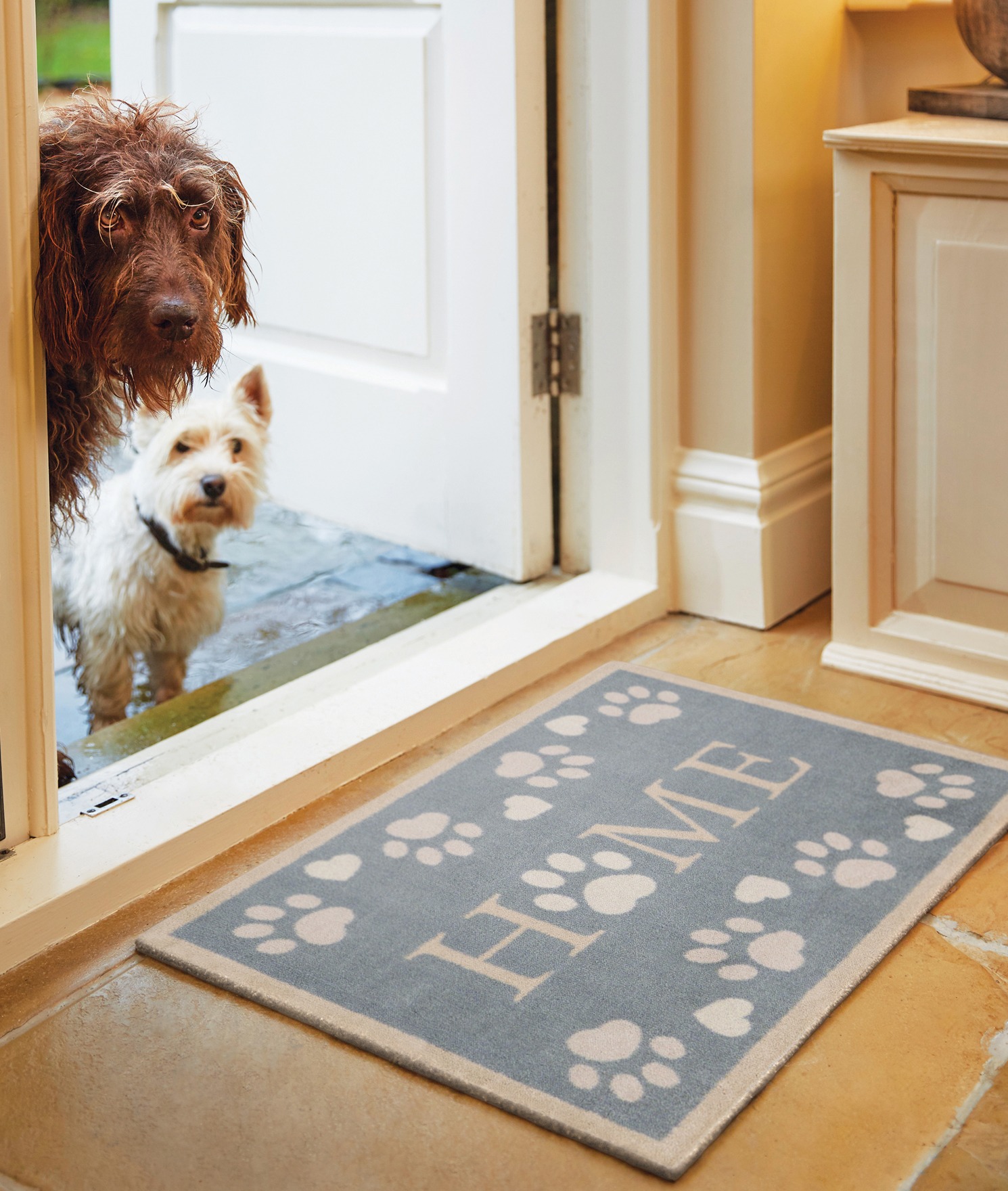 Home Paws Blue Washable Doormat, styled in a doorway.