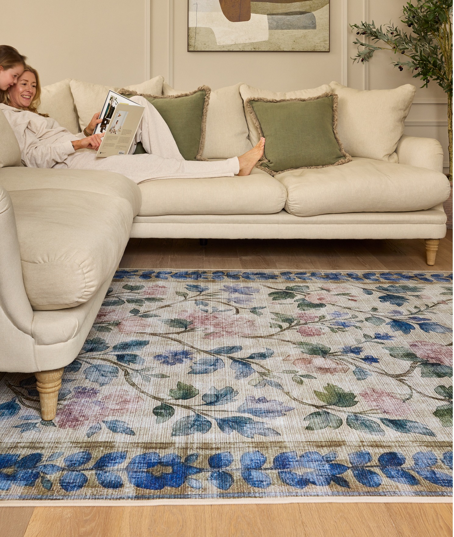 Lady Rose Eco-Washable Rug, styled in a living room.