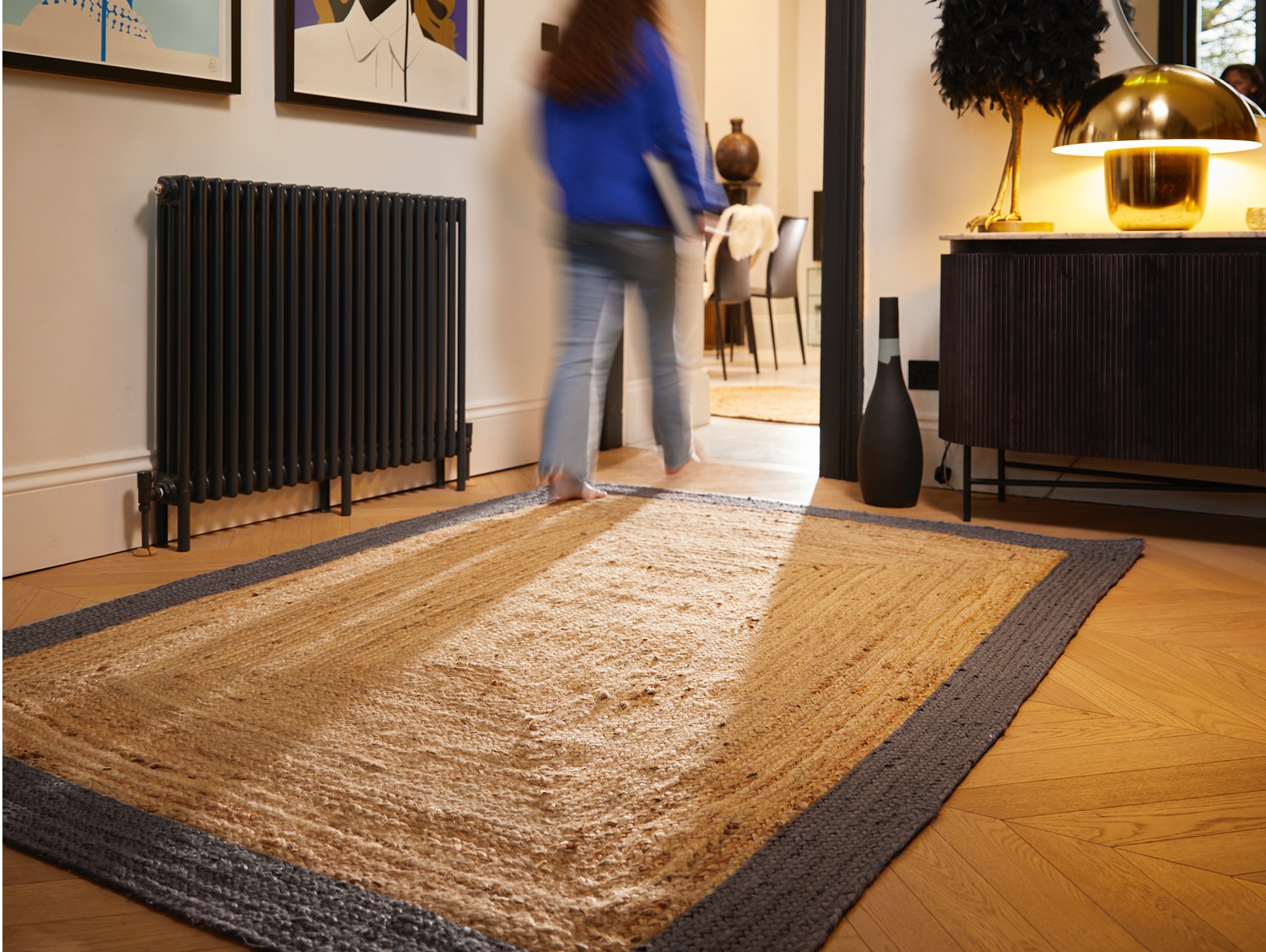 Jute Border Grey Rug, styled in a living room.