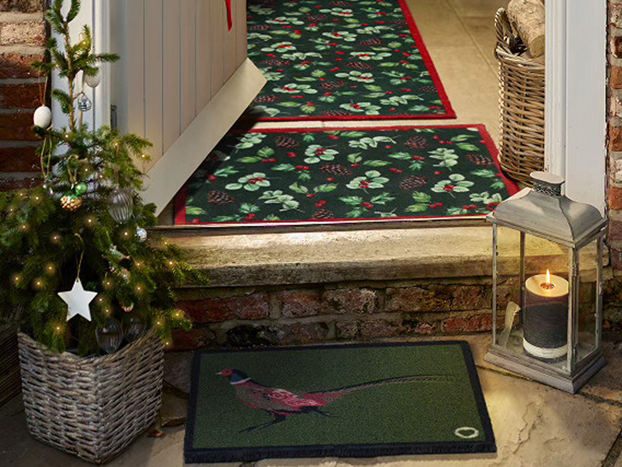 Hedgerow & Berries Washable Doormat and Runner, styled in doorway decorated for Christmas.