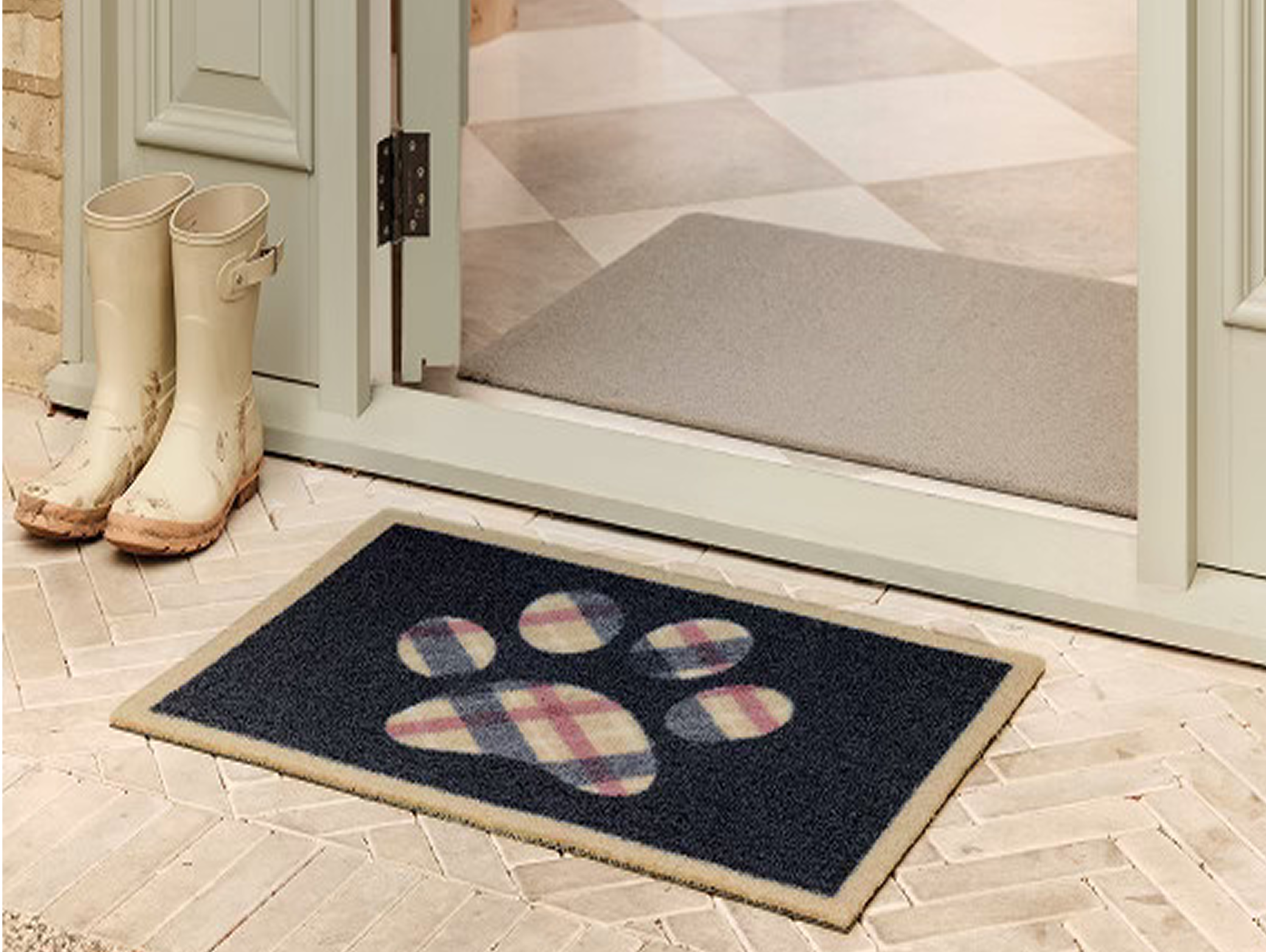 Tartan Paw Outdoor Doormat styled in a doorway