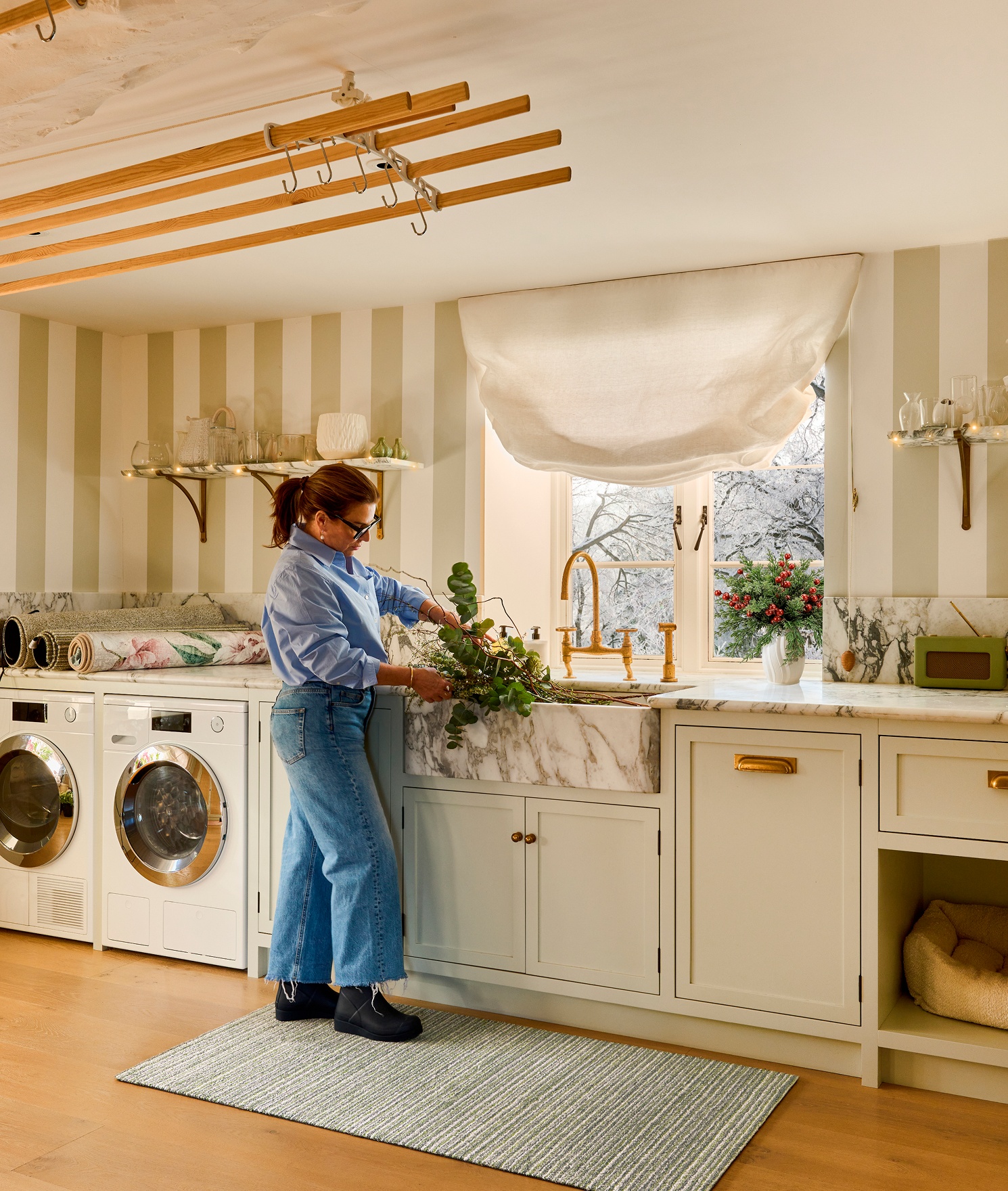 Candy Green Washable Runner, styled in a utility room.