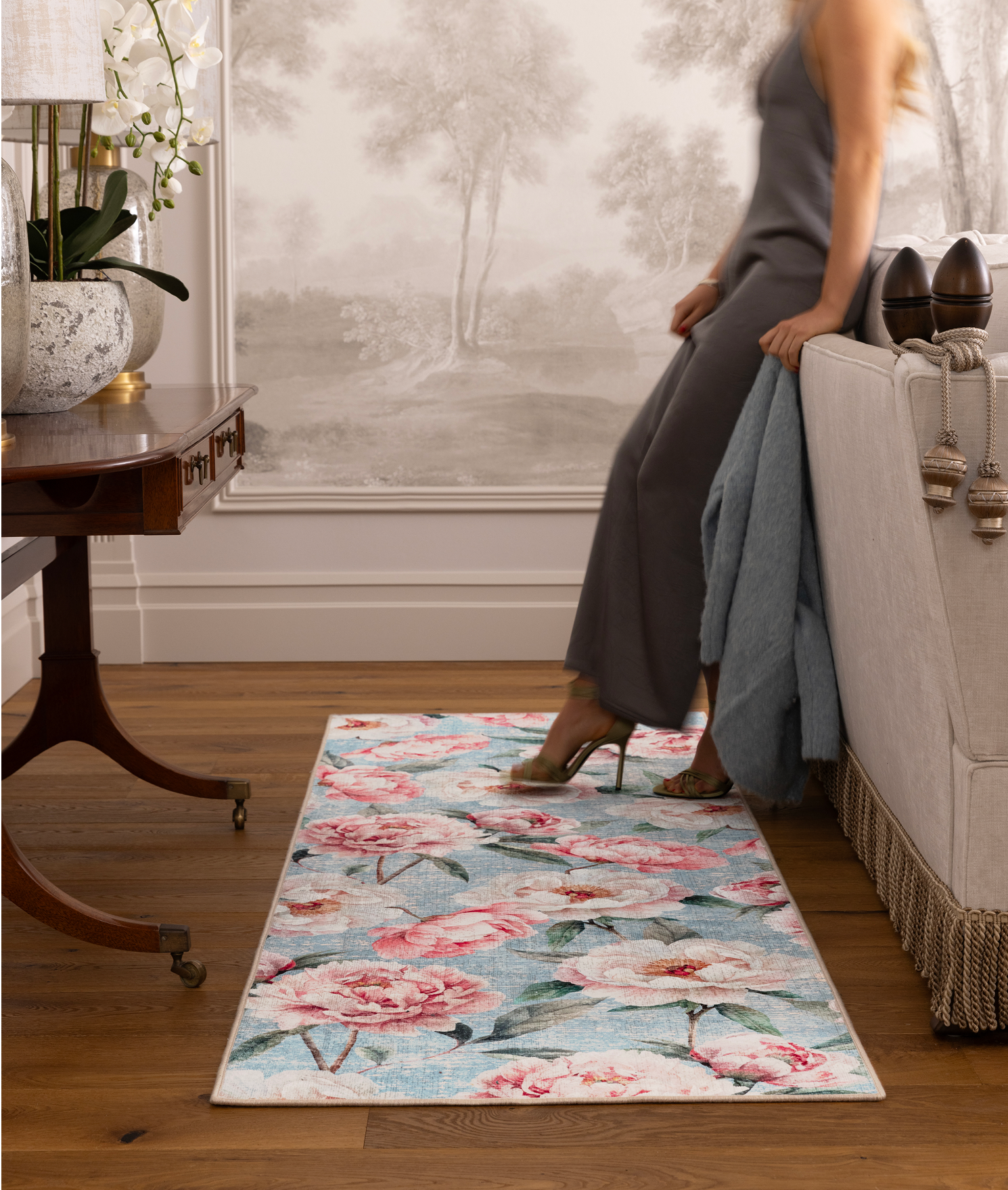 Blooming Peonies Blue Eco-Washable Runner, styled by the sofa.